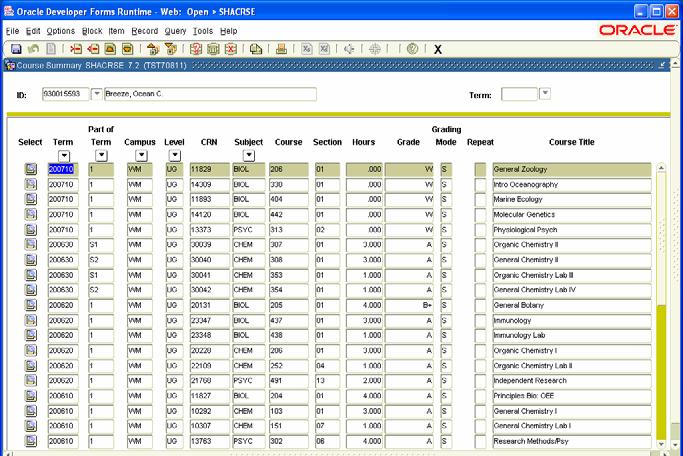 SHASUBJ Subject GPA and Course Detail Information SHACRSE Course Summary Form Perform another NEXT BLOCK to view courses by subject.