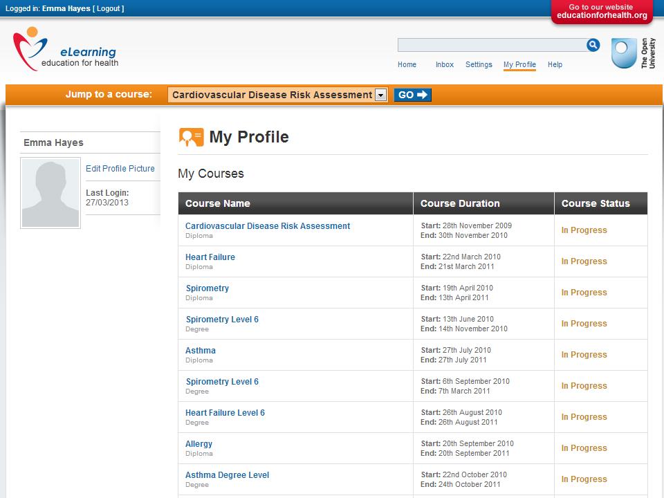The My Profile link will show you all of the modules which you have been enrolled onto.