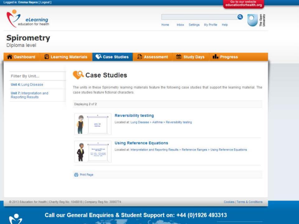 If you select the Case Studies tab you will be able to view the case studies that support the learning materials within the module.