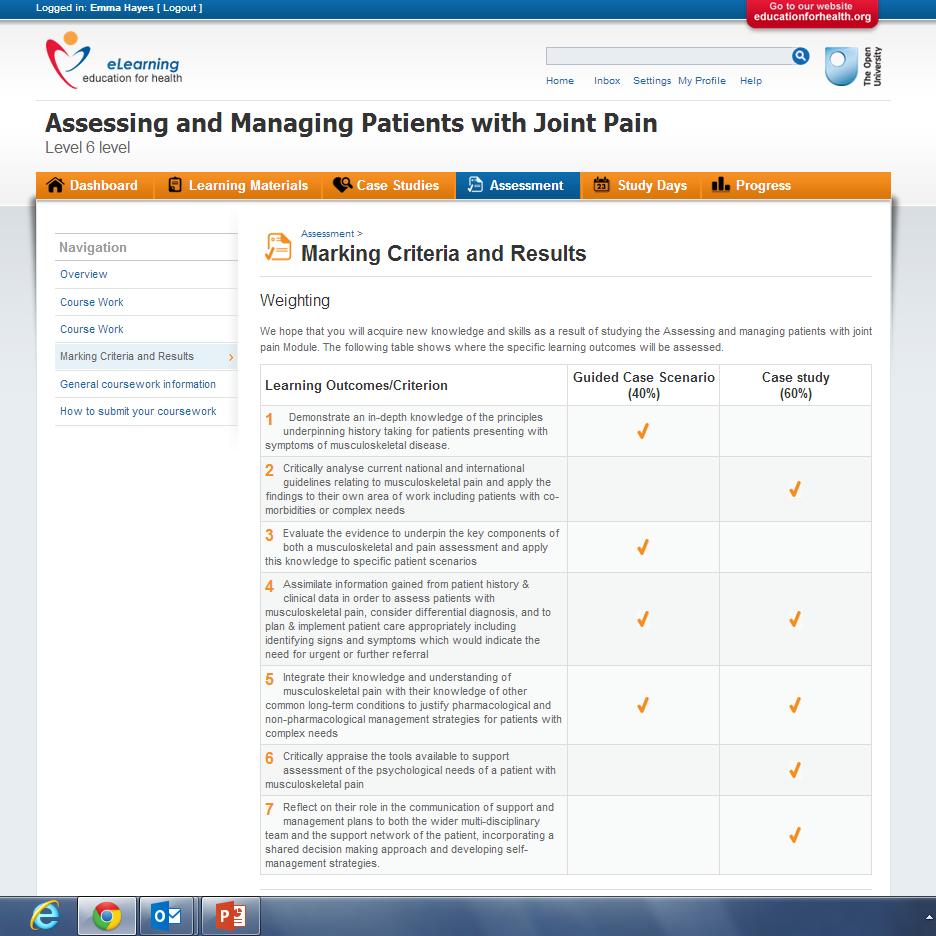 The Marking Criteria and Results page shows how all learning outcomes are assessed.