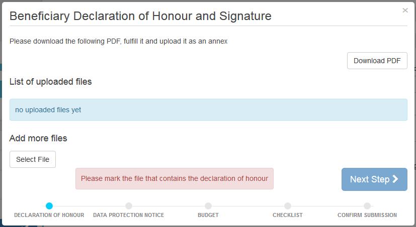 If you did not previously download and print the Declaration of Honour you can do so now by clicking as in screenshot above.