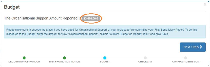 Please check the amount shown for Organisational Support Amount Reported (circled red above). If the amount shown is correct, click.