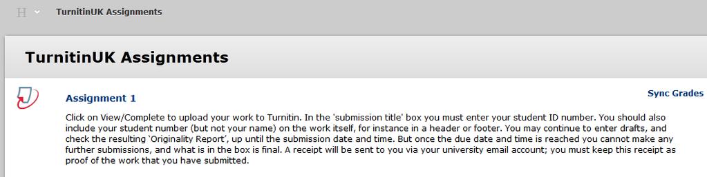 This shows all Turnitin assignments for the course. Click on the Assignment title to open the Turnitin assignment inbox. This will display a summary of all work so far submitted. 1.