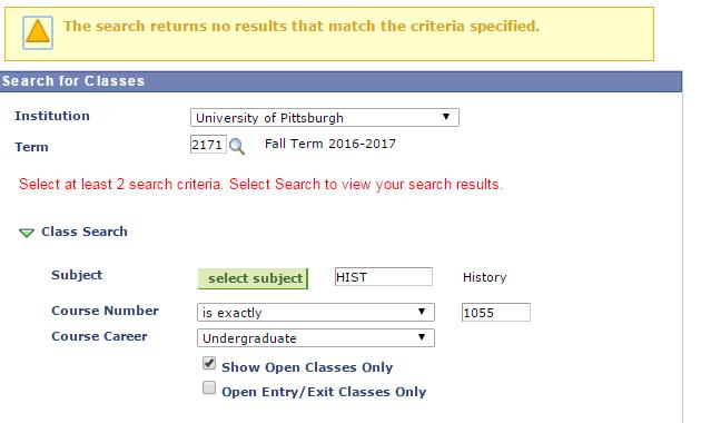 Initial Class Search Screen: Class