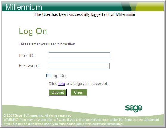 Welcome Sage Millennium Logging into Sage Millennium if you are logged on at another workstation If you attempt to log into Sage Millennium using the