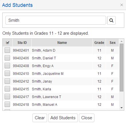 To add new students into a gradebook, click the mouse on the Add Student button. The following form will display. To Search by Student, enter a name or partial name in the search box and hit Enter.