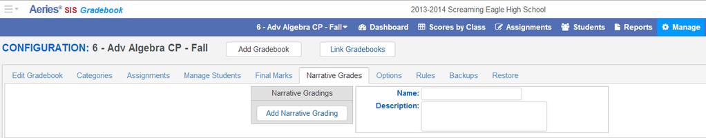 The Restore School Recommended Defaults button will pull the low and high %s from Aeries if they are defined on the Grade Reporting Options (GRC table), Update Valid Marks form.