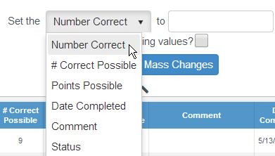 Clicking on the Mass Assign Values button will display a dropdown of fields that can be updated and the Mass Assign Values button will change to Hide Mass Assign.