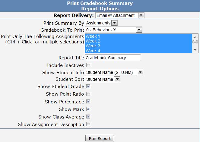 Click the mouse on the Gradebook To Print Drop Down and select the gradebook. Select the various printing options.