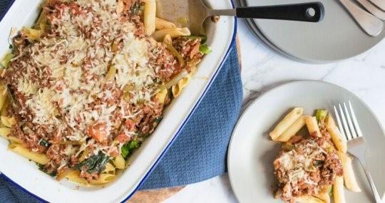 tomatoes, coarsely chopped 1 x 400g can no-added-salt chopped tomatoes 2 cups baby spinach 250g wholemeal penne pasta 1 bunch broccolini, trimmed and chopped 2 cup green beans, trimmed and chopped