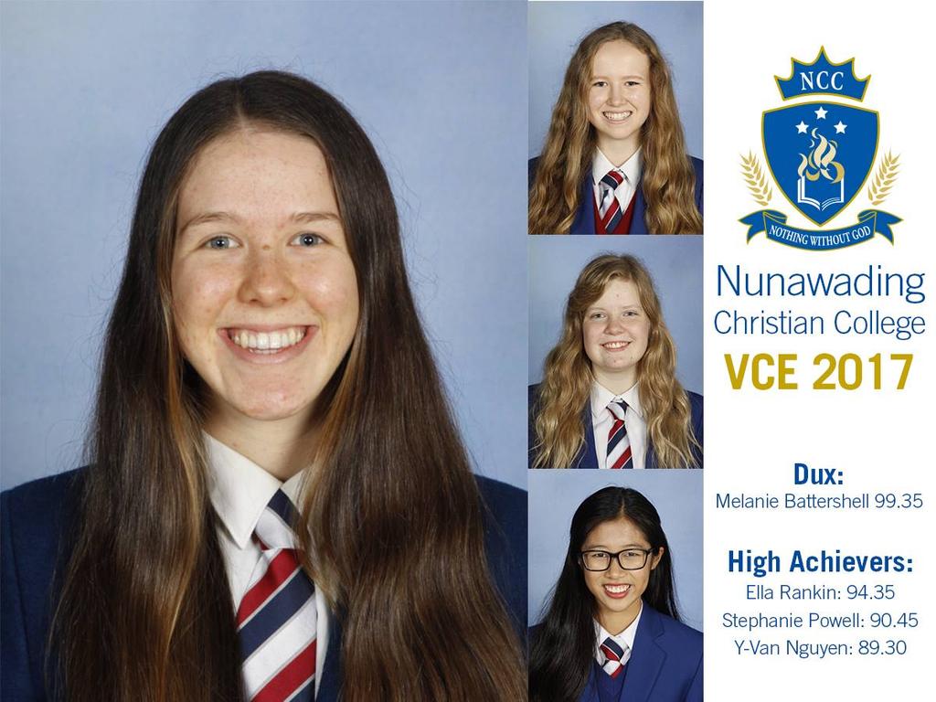 Year 12 Class of 2017 VCE Results We would like to congratulate the Class of 2017 on their outstanding results. Congratulations to our Dux, Melanie Battershell, for the exceptional ATAR of 99.35!