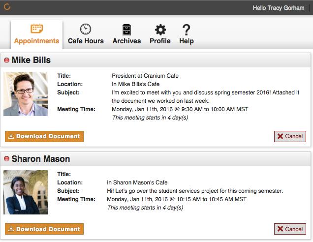 APPOINTMENTS TAB: LIST OF MEETINGS The Appointments tab allows you to see all your upcoming appointments in a one-page view.