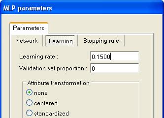 Setting the parameters There are several kinds of parameters. The first ones are the neural architecture parameters (NETWORK tab). We use a hidden layer with two neurons.