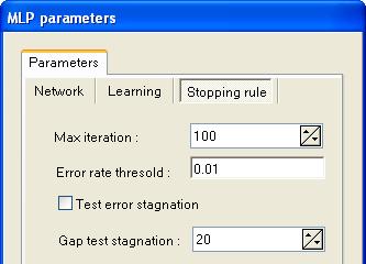 In the last tab, STOPPING RULE, we set the parameters which enables to stop the learning process: MAX ITERATION is the max number of epochs; ERROR RATE