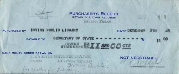1941: FIRST IRVING LIBRARY OPENS On May 5, 1941, civic activist Esther Hurwitz opened Irving s first library in a corner of Louis Blaylock s furniture store at 126 East First Street.