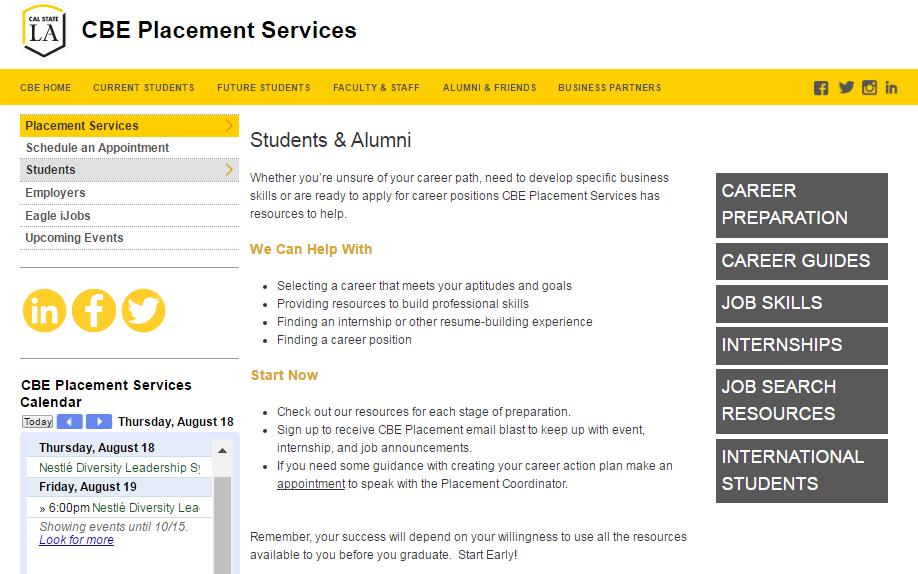 CBE Placement Resources How we reach students Emails LinkedIn/Golden Eagle Career