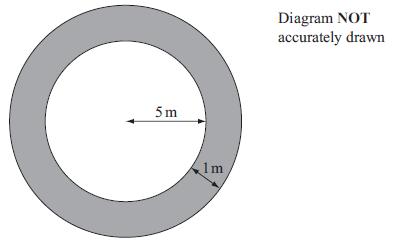 27. The diagram shows a circular pond with a path around it. The pond has a radius of 5m.