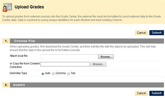 B. Click on Grade Center in the Control Panel and select Full Grade Center. C. On the right side fo the Grade Center screen, click on Work Offline and select Upload from the drop-down menu. D.