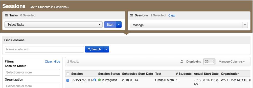 Next, click Go to Students in Session. Your session and students group will be listed. The next steps, according to the state manual is to Prepare your Session.