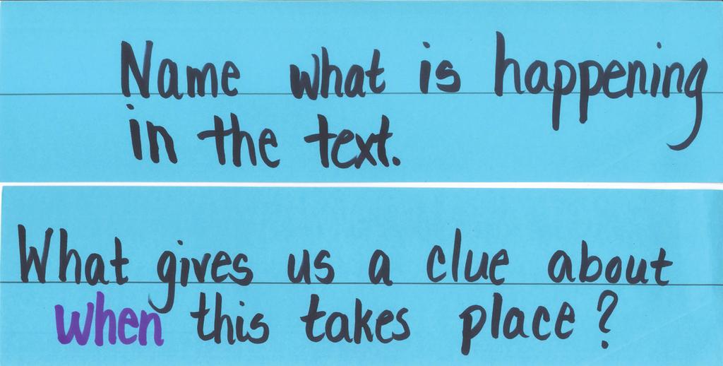 1 Model/Do Together: Give students two or three different colored highlighters and a copy of the text. Or when working with younger readers, have a few different colored sticky notes handy.