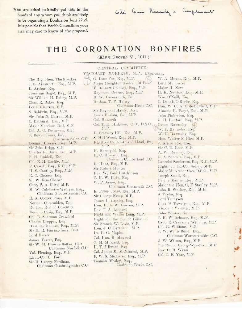 The Coronation Bonfires leaflet The government s four-page 1911 Coronation Bonfires leaflet is reproduced here, in full.