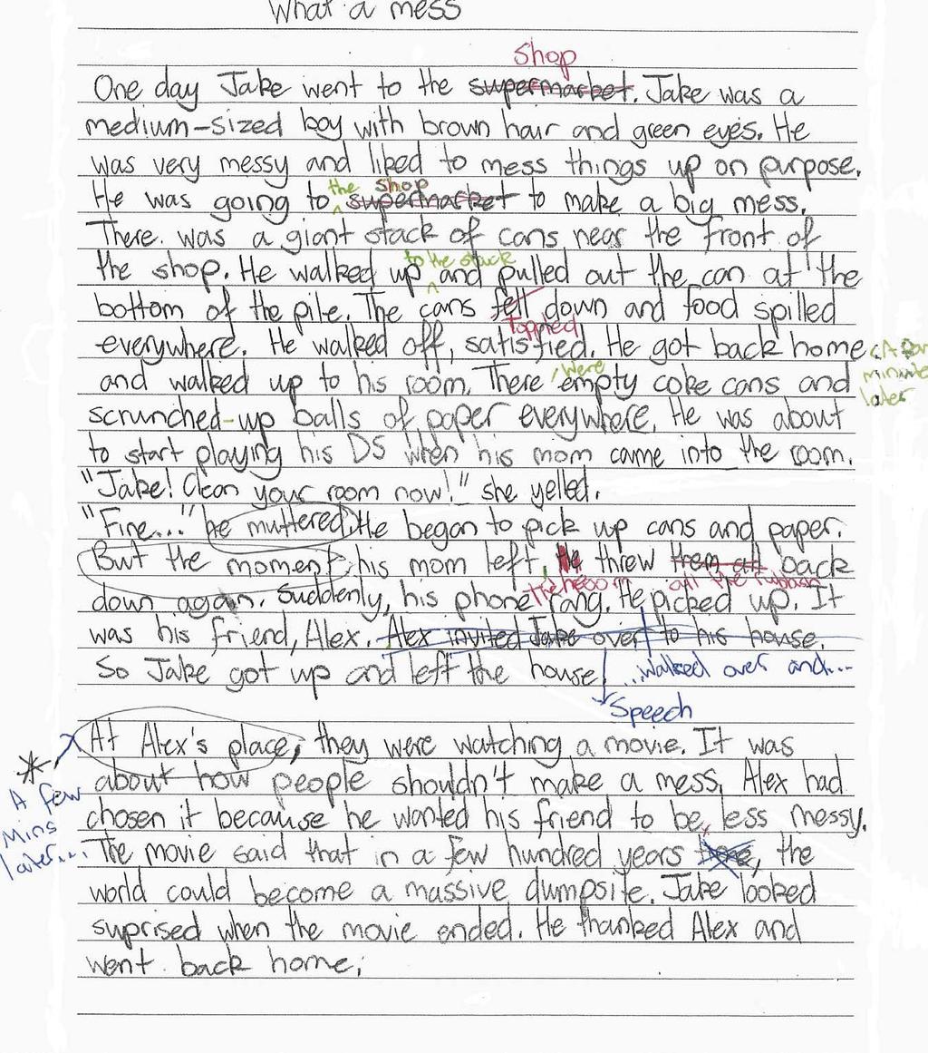 Work sample 5 Written narrative What a mess Edits writing, selecting terminology for improvement. Edits text to improve sequencing, for example A few minutes later replaced At Alex s house.