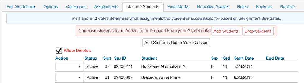 To Delete a student, click the mouse on the check box at the top of the form. The check box at the top of the form MUST be checked.