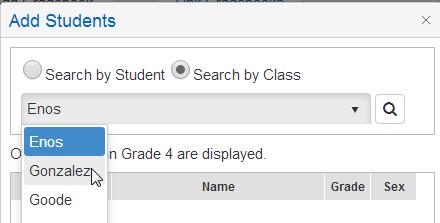 A Search by Class option is available for teachers in elementary schools without a Master Schedule. A dropdown list of teachers with the same low and high grade ranges will display.