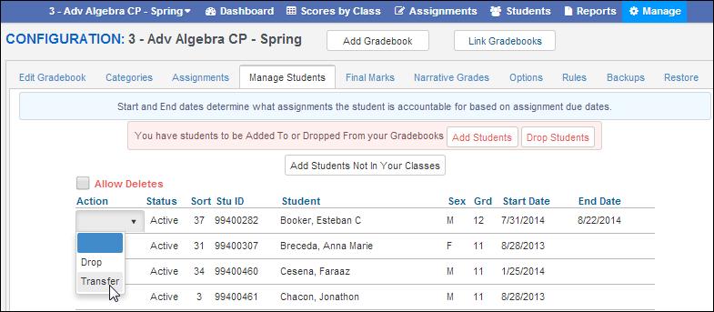 Click the mouse on the Manage Students tab.