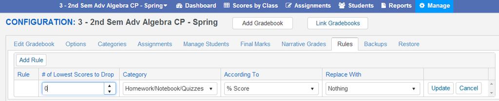 Grading Rules are meant to Drop the Lowest N Assignments and optionally replace those assignment scores with either the