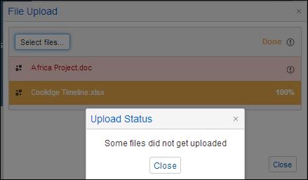 The file(s) will be listed in the File Upload pop-up screen. More files can be selected by clicking on Select Files again, or the files can be uploaded into the system by clicking on Upload Files.