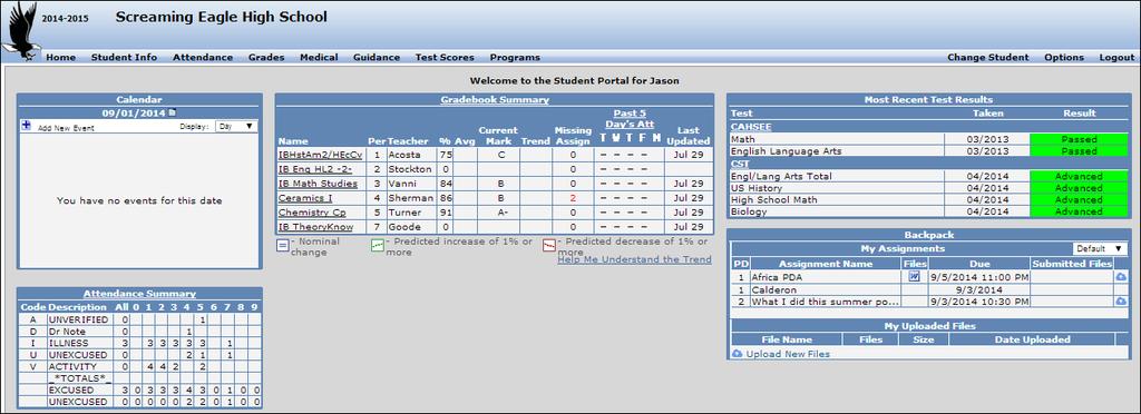 The Backpack also consists of an Assignment Section and an Upload Files section. The Default drop down is a filter that the student can use to view the assignments.
