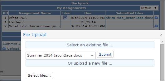 Files can be associated to an assignment in one of two ways: First, after a file is uploaded into the My Uploaded Files, it can be dragged to the assignment that it will be associated with.