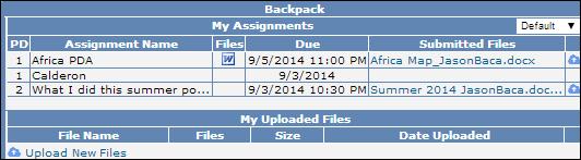 Another way to associate a file with and assignment is to select the Upload Icon for that assignment in the Backpack area and then either select from the dropdown of available files or