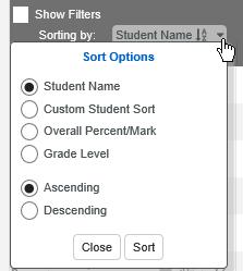 To select a sort option, click the mouse on the Sorting by drop down menu at the top left of the Scores By Class page.