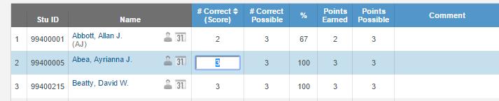 When clicking in a Score field for a student on the Scores By Assignment page, the row associated with the student will highlight in blue.