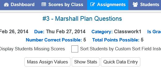 After all class scores are entered clicking on the Show Stats button will display statistical calculations for the assignment.