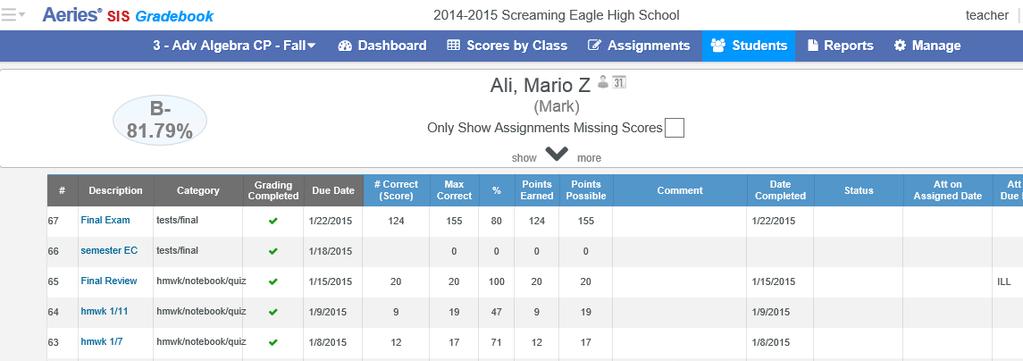 SCORES BY STUDENT To enter scores by student, select Scores by Student from any of the dashboard views.