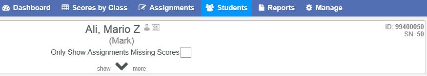 On the top right side of the Scores By Student page the student s ID number and Student Number (SN) will be displayed.