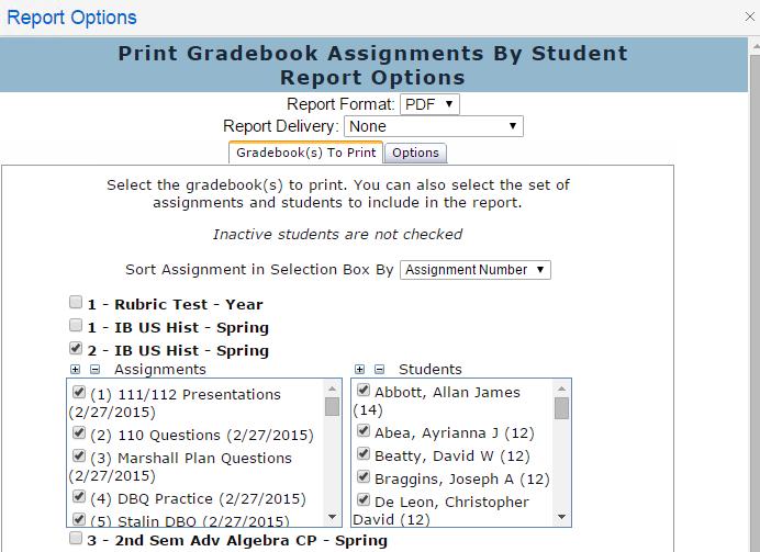 All gradebook reports have various report options available to the teacher. Reports can also be accessed from the navigation tree, under View All Reports.
