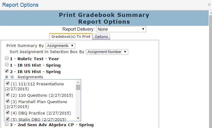 Select a gradebook from the list and select the various printing options.