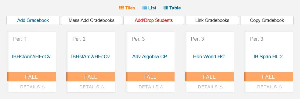 The gradebooks are grouped and color coded by gradebook terms on the dashboard views.