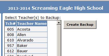Click the Create Backup button after selecting the desired schools or teachers to create gradebook backups.