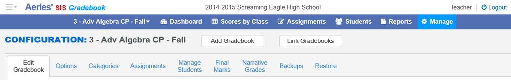 A sub header will display for easy navigation for the teacher within the gradebook. The current gradebook will display on the left.