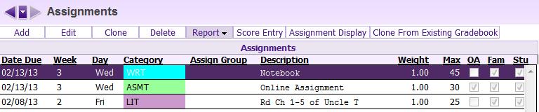 Identifying an Online Assignment in the Gradebook An Online Assignment can be identified in the teacher s Assignment List by a checkmark in the OA column Path: Main