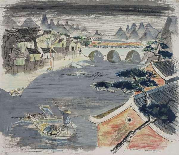 Elaine Haxton (1909 1999) Flower Bridge at Kwei Lin 1956 pen and brush and coloured inks and washes, gouache, and pastel with scratching out, on paper image/sheet 46.0 x 54.
