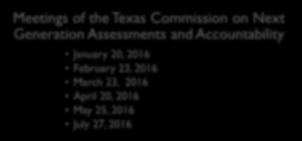Development Timeline for HB 2804 State Accountability System Meetings of the Texas Commission on Next