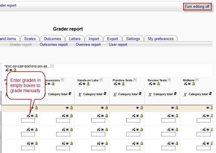 To enter grades for your students, Turn Editing On in the upper right corner 6.
