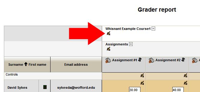 When editing has been turned on in the gradebook, you will see an Edit icon under the name of the course. Click on this edit icon.
