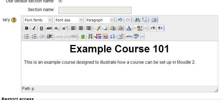 Moodle window. In the text editing workspace, enter the name of the course.